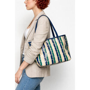 Kate Landry Geometric Patent Tote Blue Green Cream Shoulder Bag Retro Mod Preppy